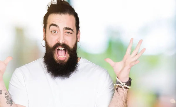 Young Hipster Man Long Hair Beard Wearing Casual White Shirt — Stock Photo, Image