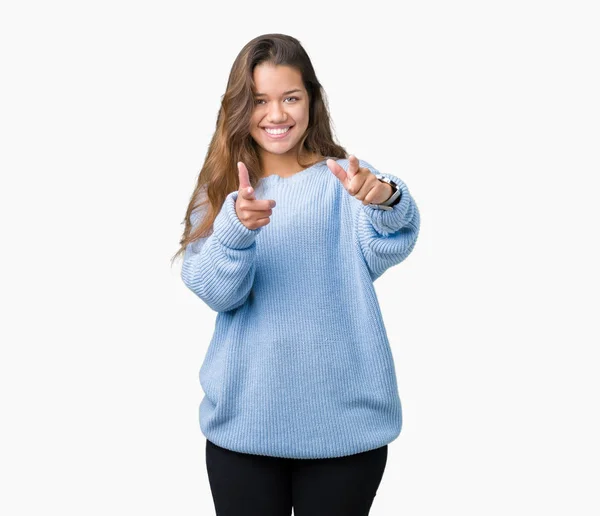 Jonge Mooie Brunette Vrouw Blauwe Winter Trui Dragen Geïsoleerde Achtergrond — Stockfoto