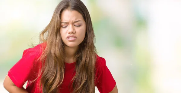 Mulher Morena Bonita Nova Vestindo Camiseta Vermelha Sobre Fundo Isolado — Fotografia de Stock