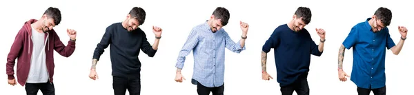 Коллаж Молодого Человека Изолированном Фоне Танцующий Счастливый Веселый Улыбающийся Небрежно — стоковое фото