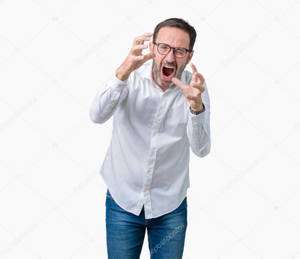Handsome middle age elegant senior business man wearing glasses over isolated background Shouting frustrated with rage, hands trying to strangle, yelling mad