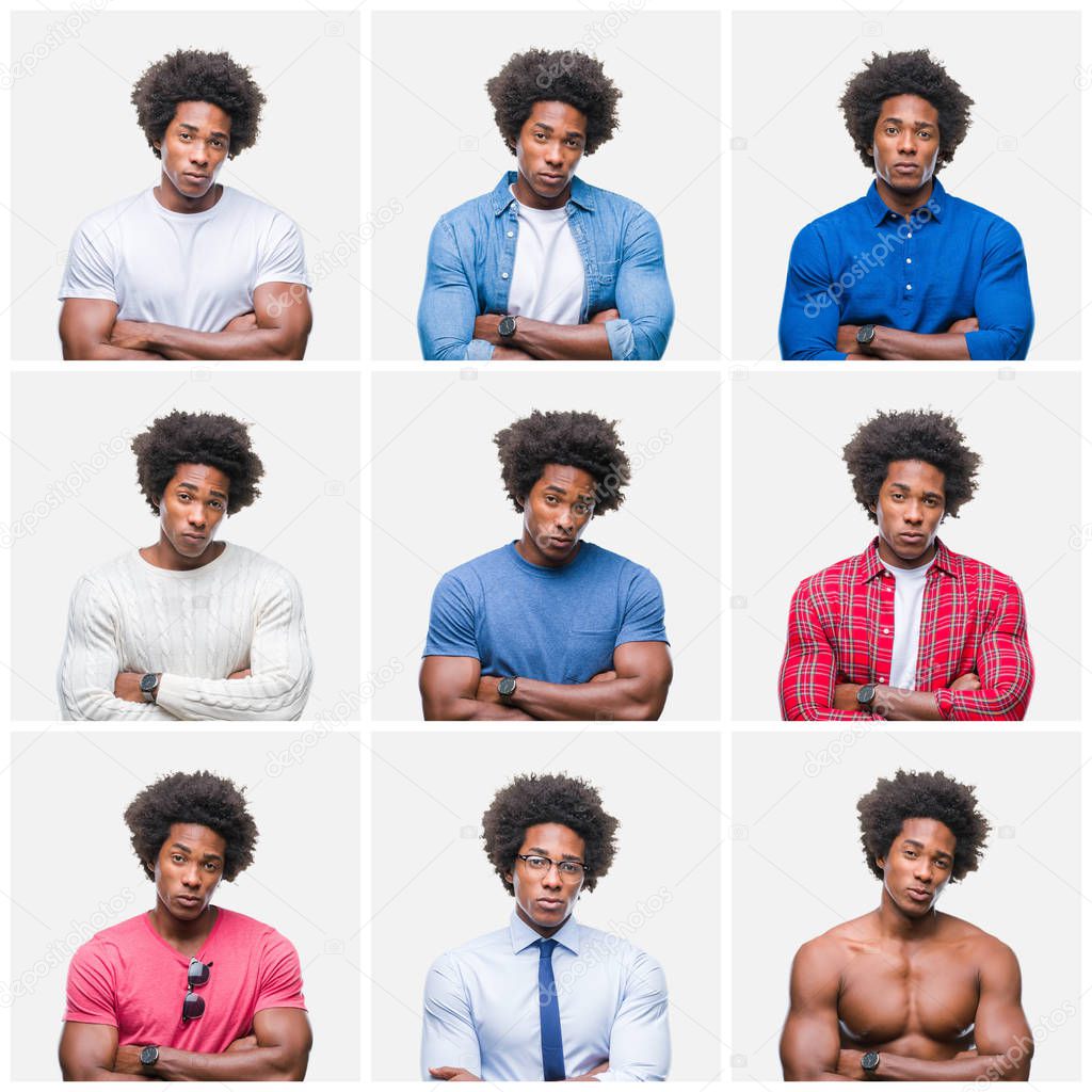 Collage of young african american man over isolated background skeptic and nervous, disapproving expression on face with crossed arms. Negative person.