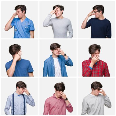 Beyaz genç adam kolaj izole bir şey pis ve iğrenç kokulu arka plan, dayanılmaz koku, holding nefes burun parmaklar ile. Kötü kokuyor kavramı.