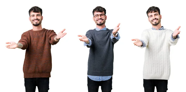 고립된 스웨터를 청년의 콜라주 포옹을 미소짓는 카메라를 바라보고 행복을 포용하는 — 스톡 사진