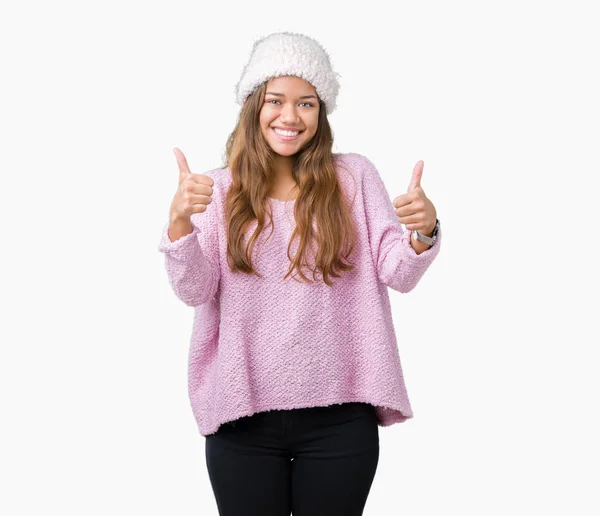 Mujer Morena Hermosa Joven Con Suéter Sombrero Invierno Sobre Signo — Foto de Stock