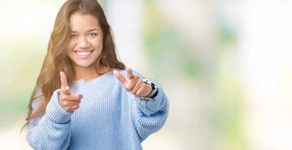 Young Beautiful Brunette Woman Wearing Blue Winter Sweater Isolated Background — Stock Photo, Image