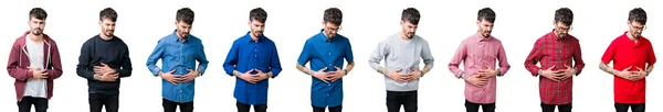 Collage Hombre Joven Sobre Fondo Aislado Con Mano Estómago Porque — Foto de Stock