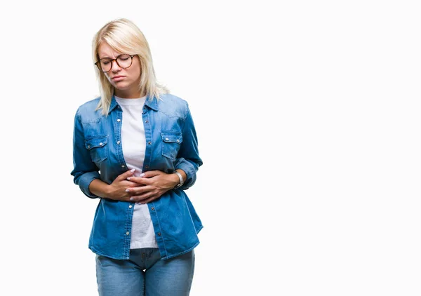 Young Beautiful Blonde Woman Wearing Glasses Isolated Background Hand Stomach — Stock Photo, Image