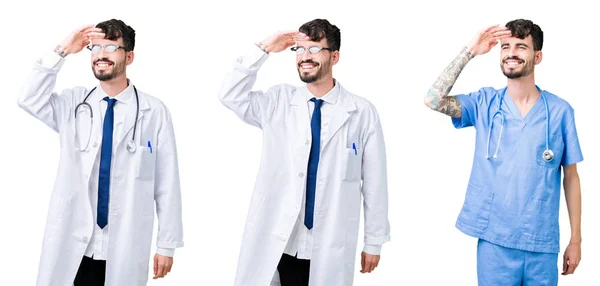 Collage Medico Che Indossa Cappotto Medico Sfondo Isolato Molto Felice — Foto Stock