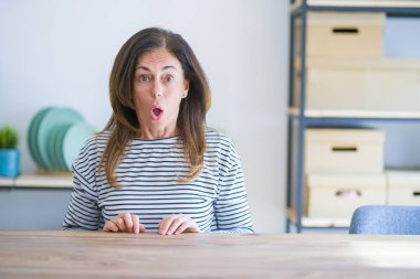 Evde masada oturan orta yaş yaşlı kadın korkmuş ve sürpriz ve şaşkın ifade, korku ve heyecanlı yüz ile şok.
