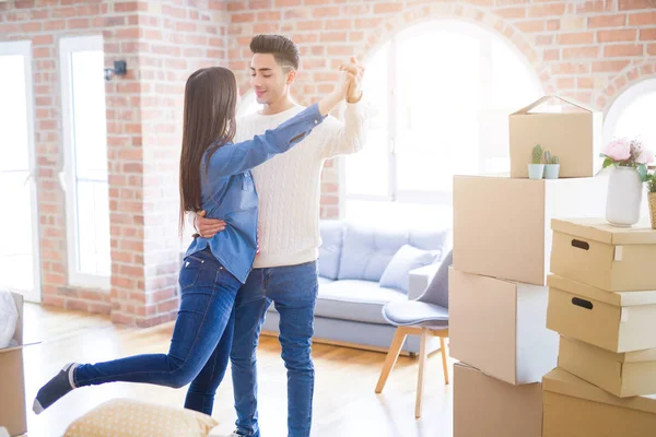 Young Asian Couple Dancing Smiling Celebrating Moving New Home — Stock Photo, Image