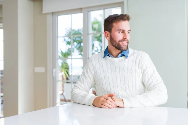 Handsome Man Wearing Casual Sweater Looking Away Side Smile Face — Stock Photo, Image