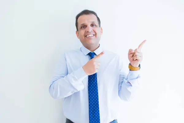 Middle Age Business Man Smiling Pointing Side White Background — Stock Photo, Image