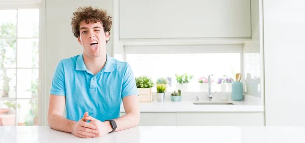 Wide Shot Young Handsome Man Home Sticking Tongue Out Happy — 스톡 사진