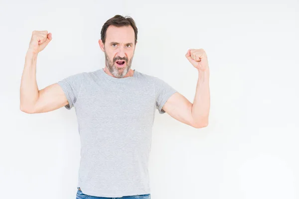 Handsome Senior Man Isolated Background Showing Arms Muscles Smiling Proud — Stock Photo, Image