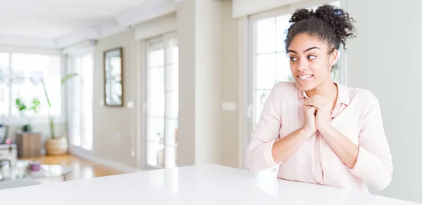 Wide Angle Beautiful African American Woman Afro Hair Laughing Nervous — Stockfoto