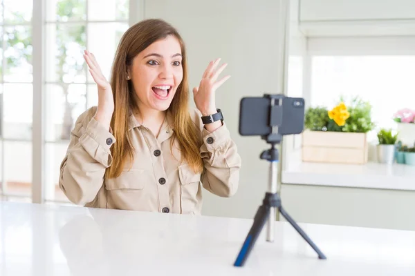 Beautiful Young Woman Doing Online Video Call Using Smartphone Webcam — Stock Photo, Image