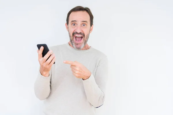 Senior Man Using Smartphone Isolated Background Very Happy Pointing Hand — Stock Photo, Image