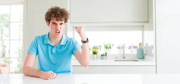 Wide Shot Young Handsome Man Home Angry Mad Raising Fist — Stock Photo, Image