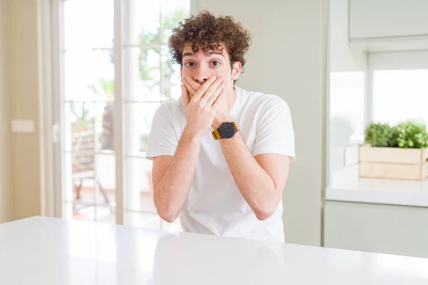 Young Handsome Man Wearing White Shirt Home Shocked Covering Mouth — 스톡 사진