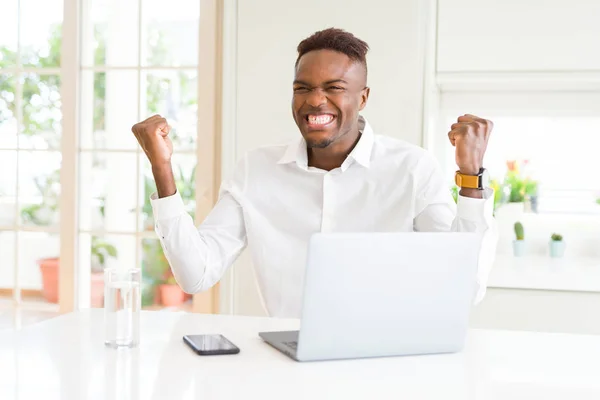 African American Business Man Working Using Laptop Celebrating Surprised Amazed — Stockfoto