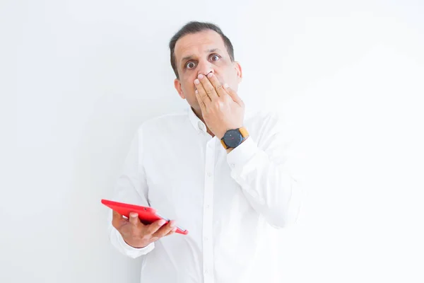 Middle Age Man Using Digital Table White Wall Cover Mouth — Stock Photo, Image