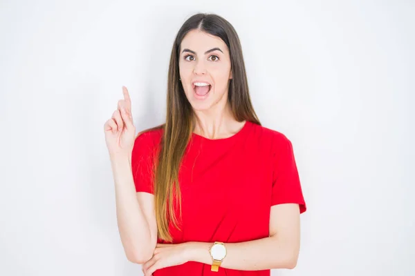 Young Beautiful Woman Wearing Casual Red Shirt White Isolated Background — Stok fotoğraf