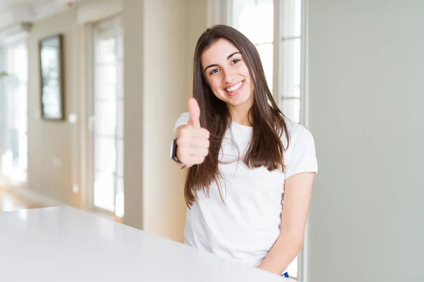 Beautiful Young Woman Wearing Casual White Shirt Doing Happy Thumbs — Stock Photo, Image