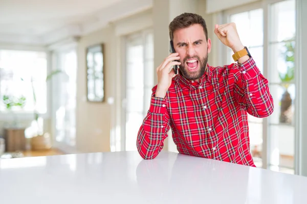 Handsome Man Talking Smartphone Annoyed Frustrated Shouting Anger Crazy Yelling — Stock Photo, Image