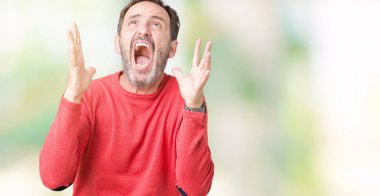 İzole arka plan çılgın ve kızgın bağırarak ve agresif ifade ve silah kaldırdı bağırmaya kış kazak giymiş yakışıklı orta yaş ağarmış komuta sizde. Hayal kırıklığı kavramı.