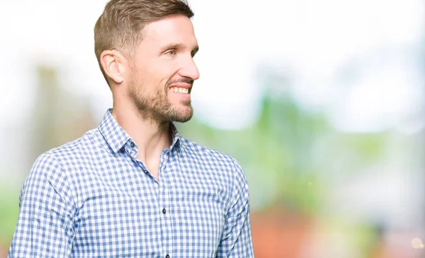 Handsome Business Man Blue Eyes Looking Away Side Smile Face — Stock Photo, Image