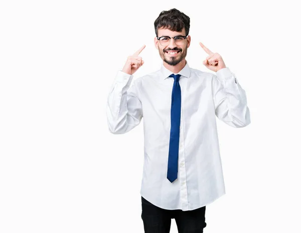 Young Handsome Business Man Wearing Glasses Isolated Background Smiling Pointing — Stock Photo, Image
