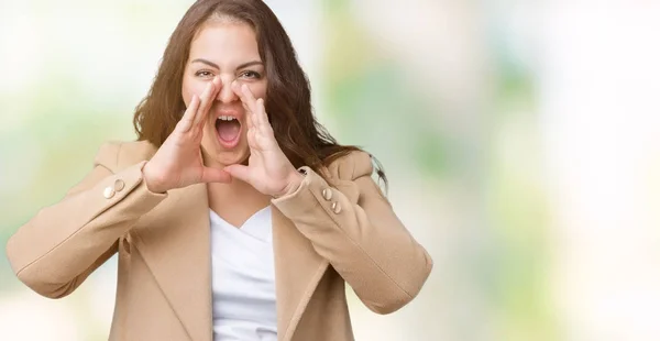 Vackra Storlek Ung Kvinna Bär Vinterpäls Över Isolerade Bakgrunden Ropade — Stockfoto