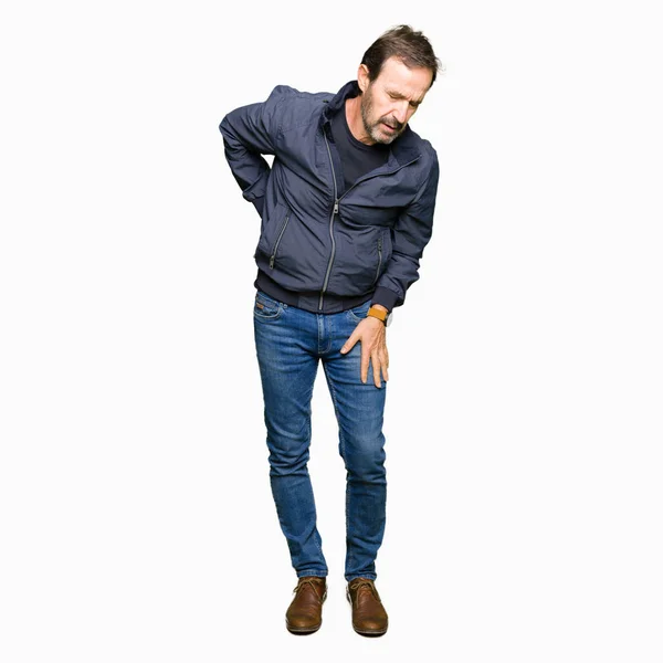 Middle Age Handsome Man Wearing Jacket Suffering Backache Touching Back — Stock Photo, Image
