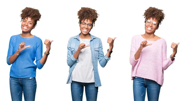 Colagem Jovem Bela Menina Africana Sobre Fundo Isolado Apontando Para — Fotografia de Stock