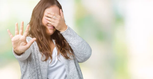 Vackra Storlek Ung Kvinna Klädd Vinter Jacka Över Isolerade Bakgrund — Stockfoto