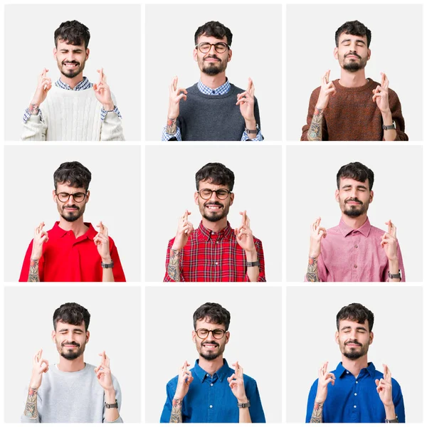 Collage Joven Sobre Fondo Aislado Sonriendo Cruzando Los Dedos Con —  Fotos de Stock