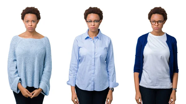 非洲裔美国妇女与非洲头发在孤立的背景怀疑和紧张 皱眉不安 因为问题 消极的人 — 图库照片