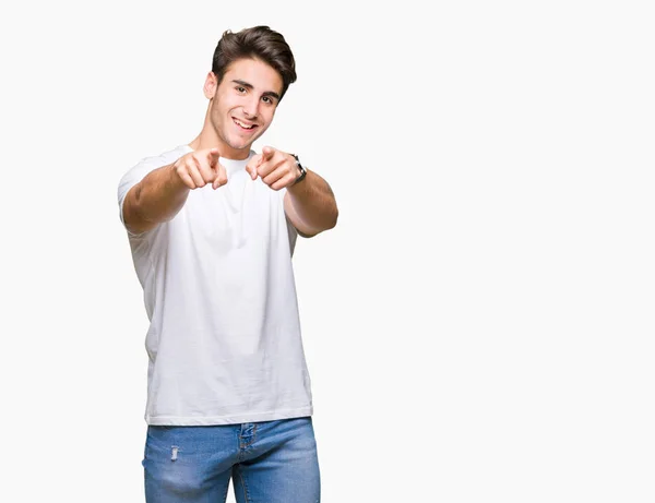 Joven Hombre Guapo Con Camiseta Blanca Sobre Fondo Aislado Señalando — Foto de Stock