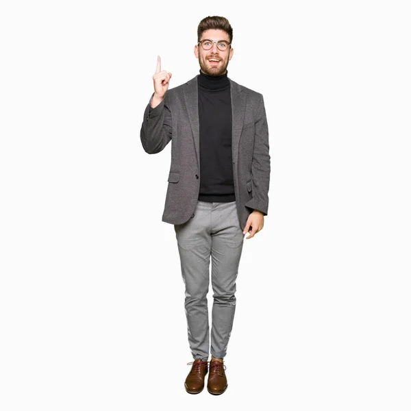 Young Handsome Business Man Wearing Glasses Pointing Finger Successful Idea — Stock Photo, Image