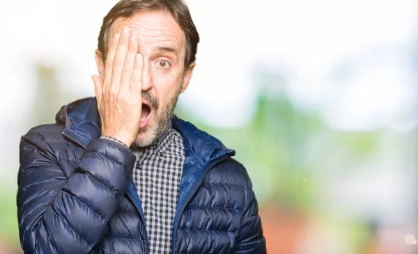 Middle Age Handsome Man Wearing Winter Coat Covering One Eye — Stock Photo, Image