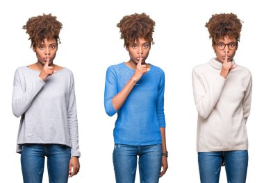 Genç güzel Afrikalı kız dudaklarında parmak ile sessiz olmanı izole arka plan üzerinde kolaj. Sessizlik ve gizli kavramı.