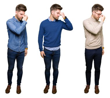 Kolaj yakışıklı genç iş adamı üzerinde beyaz bir arka plan duygu yorgunluk ve baş ağrısı gözleri ve burun sürtme yorgun izole. Stres ve hayal kırıklığı kavramı.