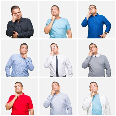 Orta yaş Arap adamın bileşimi, çene üzerinde el ile izole arka plan üzerinde soru hakkında düşünme, dalgın ifade. Düşünceli bir yüz ile gülümsüyor. Şüphe kavramı.