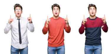 İzole arka plan üzerinde genç yakışıklı iş adamı kolaj şaşırmış ve görünümlü ve parmaklar ve yükseltilmiş kollar ile işaret şaşırttı.