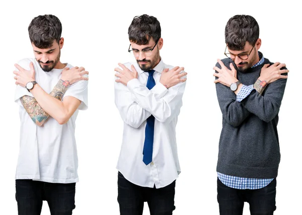 Collage Van Jonge Man Geïsoleerde Achtergrond Knuffelen Zich Gelukkig Positief — Stockfoto