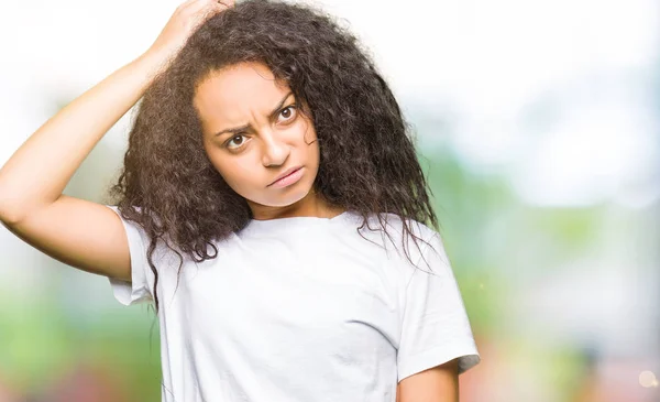 Young Beautiful Girl Curly Hair Wearing Casual White Shirt Confuse — Stock Photo, Image