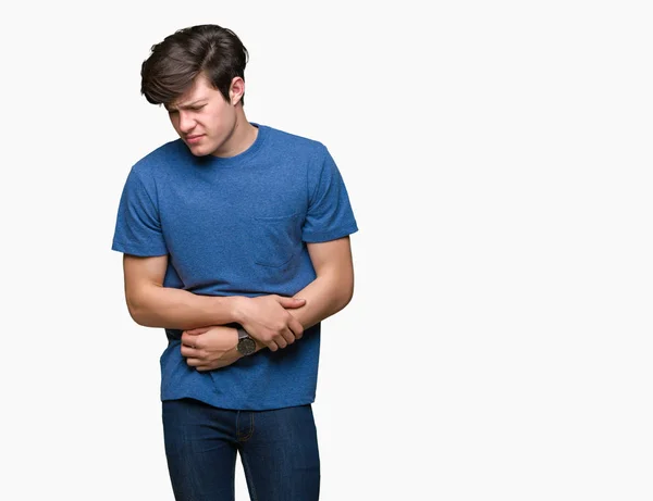 Homem Bonito Jovem Vestindo Camiseta Azul Sobre Fundo Isolado Com — Fotografia de Stock