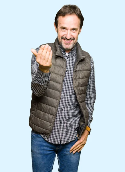 Middle Age Handsome Man Wearing Winter Vest Beckoning Come Here — Stock Photo, Image