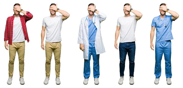 Collage Atractivo Joven Sobre Fondo Blanco Aislado Sonriendo Riendo Con — Foto de Stock